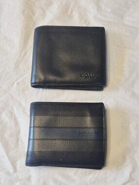 Two Men's Coach Classic Bifold Leather Wallets One Solid, One Striped